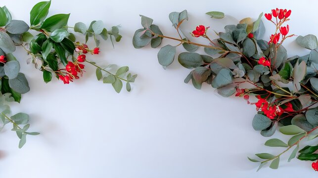 Colorful ornaments in red and silver adorn snow-dusted evergreen branches, creating a joyful scene for winter festivities