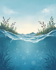 Underwater Split View with Plants and Sky