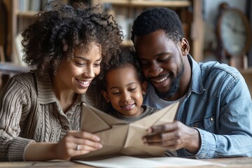 Obraz premium Family enjoying a joyful moment reading a letter together at home during a cozy afternoon