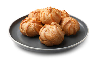 Fresh tasty profiteroles isolated on white. Delicious dessert