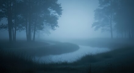 Fototapeta premium Misty river flowing through a forest at dawn creating a serene and atmospheric landscape perfect for nature and travel themes