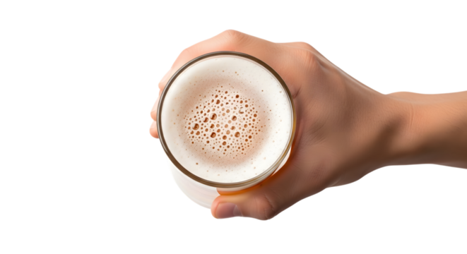 Hand holding a glass of frothy beer with bubbles on a transparent background isolated on a transparent background