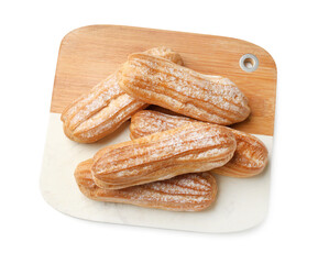 Tasty eclairs with powdered sugar isolated on white, top view