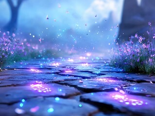 A mystical stone path winds through a misty forest, bordered by delicate purple flowers and illuminated by shimmering, magical particles.