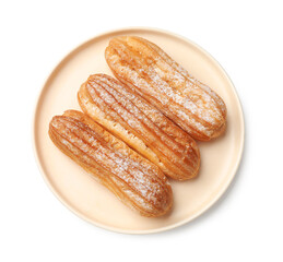 Tasty eclairs with powdered sugar isolated on white, top view