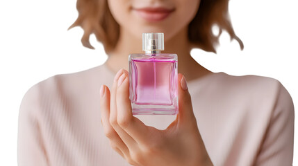 Woman holding a pink perfume bottle
