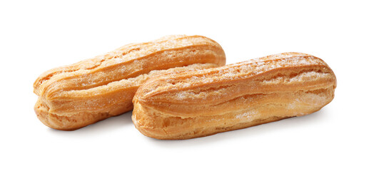 Tasty eclairs with powdered sugar isolated on white