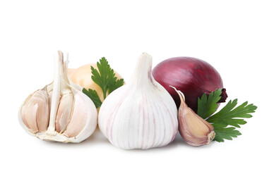 Garlic, onion and parsley isolated on white