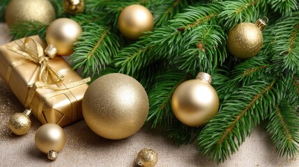 Brown gift boxes with ribbon sit beside shiny gold ornaments and bright green pine branches, creating a festive vibe