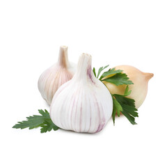Garlic, onion and parsley isolated on white