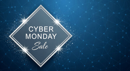 Blue geometric pattern with silver frame displaying Cyber Monday Sale text, sparkles. Represents promotional event, retail, commerce and discount day