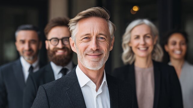 Confident mature businessman with diverse team in modern office environment