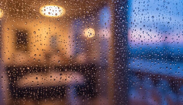 Raindrops on a windowpane with warm interior lights and a cool blue twilight sky visible through the glass creating a cozy atmosphere - Powered by Adobe
