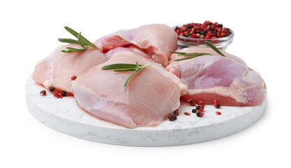 Raw chicken thighs with peppercorns and rosemary isolated on white