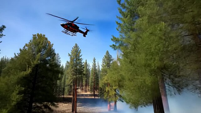 Helicopter fights wildfire in dry forest area as smoke billows from burning trees