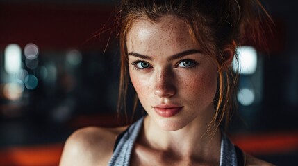 Fototapeta premium Close-up portrait of young woman with natural freckles in soft lighting
