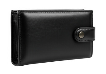 Black leather wallet with button closure isolated on transparent background