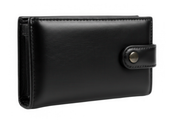 Black leather wallet with button closure isolated on transparent background