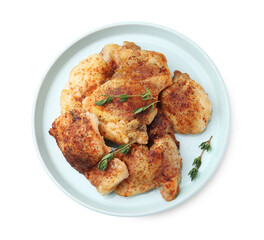 Tasty roasted chicken thighs with thyme isolated on white, top view