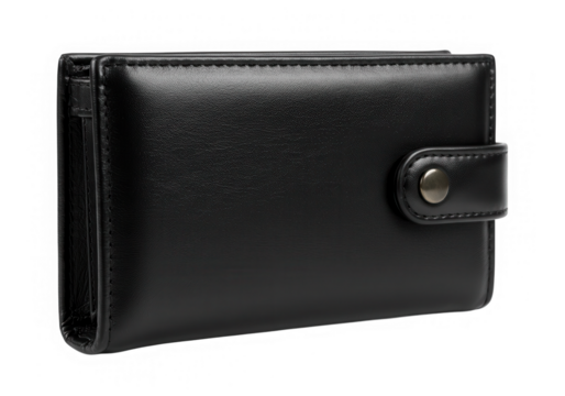Black leather wallet with button closure isolated on transparent background