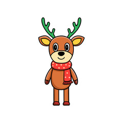 Cute cartoon reindeer wearing a red polka dot scarf and green antlers