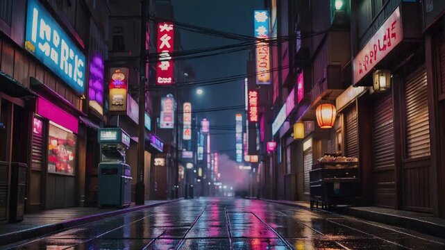 Rainy nighttime scene of a city street lined with colorful neon signs and billboards reflecting off the wet pavement in a dark urban setting.