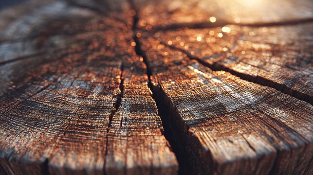 Close-up of textured tree trunk rings with cracked wood and warm sunlight