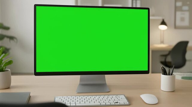 Modern desktop computer monitor with green screen on a wooden office desk, ready for content display.