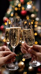 Obraz premium Family members toast with glasses filled with beverages while enjoying a festive meal together near a decorated tree