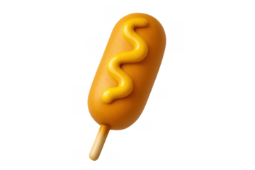 Corndog on a stick with mustard swirl, a popular street food snack. 3d render with transparent background