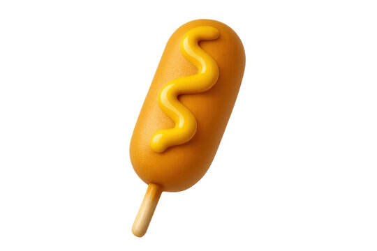 Corndog on a stick with mustard swirl, a popular street food snack. 3d render with transparent background