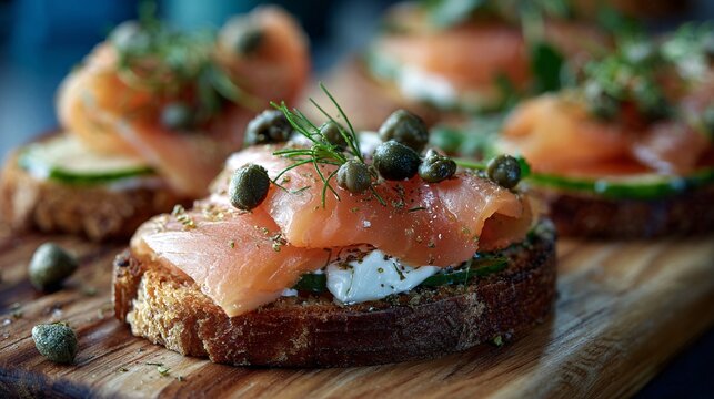 Closeup of smoked salmon toast with cream cheese and capers on wooden board