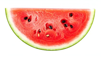 A sliced, juicy watermelon crescent against a white background, showing seeds and texture