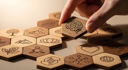 Hand arranging wooden hexagon tiles with various icons on a table