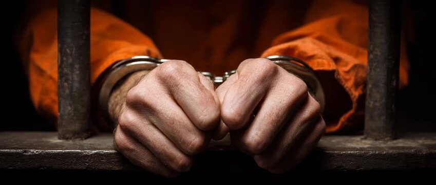 Hands in handcuffs behind bars.