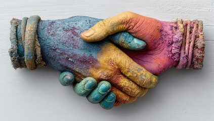 Colorful hands shake in artful accord