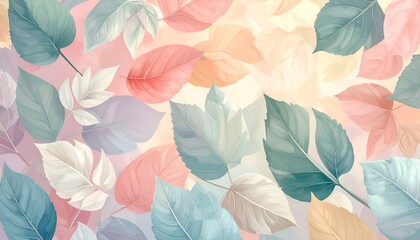 A soft, pastel-colored painting of overlapping leaves in various hues