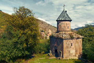 View of St. Sarkis church and Goshavank monastery in the background. Gosh, Tavush Province, Armenia