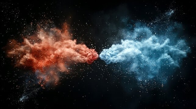 Two clouds of colored powder, one orange and one blue, collide and explode against a dark, star-filled background. - Powered by Adobe