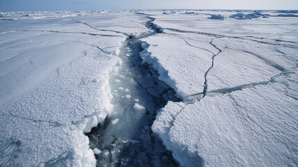 Cracked Arctic Ice with Deep Crevasse under Cold Blue Sky