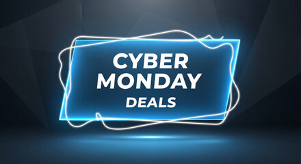 Rectangular blue frame with bright neon line, showing words "Cyber Monday Deals", suggesting special offer and sale, perfect for advertising