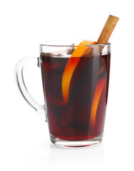 Tasty mulled wine with spices and orange slices in glass cup isolated on white