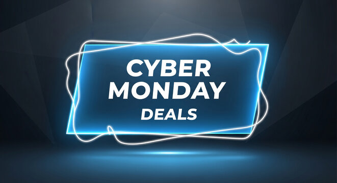 Rectangular blue frame with bright neon line, showing words "Cyber Monday Deals", suggesting special offer and sale, perfect for advertising