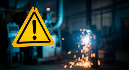 Yellow warning sign with exclamation point on chain, industrial scene. Symbolizes caution and alert, background welding sparks, conveying risk