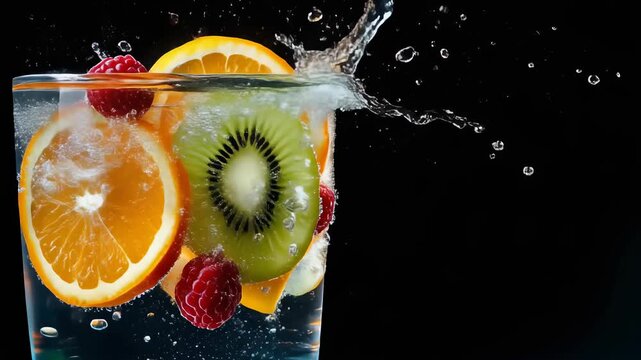 Refreshing fruit-infused water with orange, kiwi, and raspberries splashing in a clear glass against a dark background.