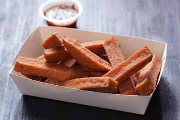 tray of spiced ham chips