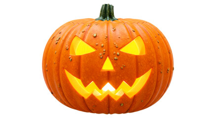 Classic scary glowing carved pumpkin for halloween celebration isolated on transparent background