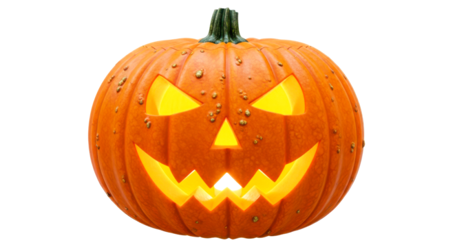 Classic scary glowing carved pumpkin for halloween celebration isolated on transparent background