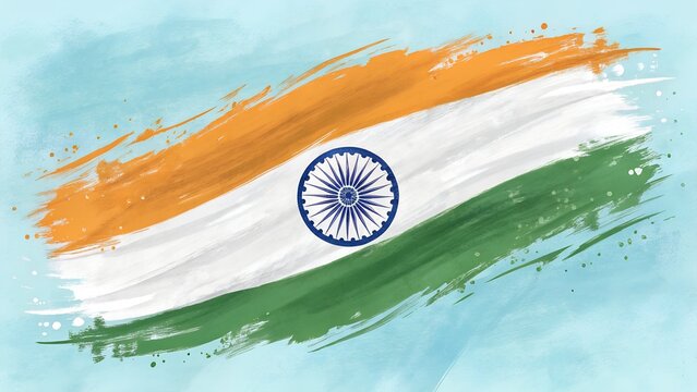 Stylized Indian Flag with Brushstroke Bands – National Pride, Saffron White Green, Ashoka Chakra, Watercolor Texture, Cultural Identity, Artistic Patriotism