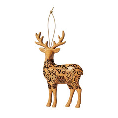 Handcrafted wooden reindeer ornament, intricate snowflake patterns isolated on transparent background